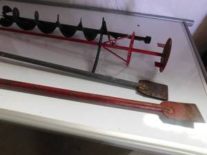 lot 53 image: 2 ice chisels, slushmaster, and auger attachment