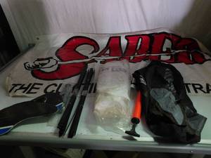 lot 113 image: 100 snow goose rags with stakes, saber banner, package of duck decoy lead anchors