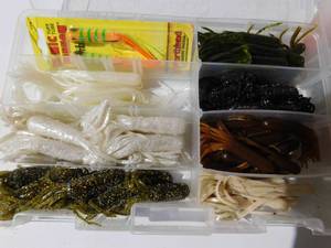 lot 175 image: 2 plastic tackle boxes with plastics and jigs for fishing