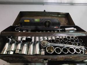 lot 200 image: Metal tool box of sockets, wrenches, screw drivers and more