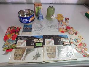 lot 209 image: Vintage valentines, stencils,bell, 2 dishes and more