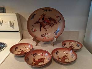 lot 73 image: Vintage Mid-Century Bucking Bronco Enamelware 5 Piece Bowl Set