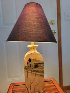 lot 54 image: Hand Crafted Decoupaged House Sketched Lamp 17