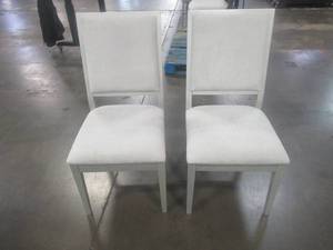 lot 100 image: CREATED FOR MACYs LEGACY CLASSIC FURNITURE Set of 2 Intricately Carved Back Wood Dining Chairs  in Grey with upholstered seats, In Like New Condition. Nice and Comfortable.