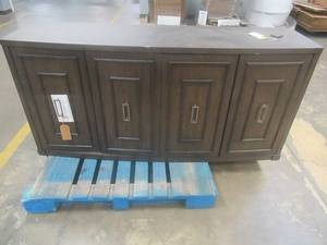 lot 147 image: CREATED FOR MACYs RIVERSIDE FURNITURE SOLID WOOD 4 Door Entertainment Stand With Adjustable Shelves.  Approximate Dimensions 70 x 19 x 38 12 Tall. Broken Legs, Needs some TLC.