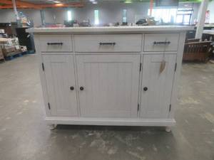 lot 146 image: CREATED FOR MACYs RIVERSIDE FURNITURE SOLID WOOD 3 Door BuffetDresser With Adjustable Shelves 3 Top Drawers With Velvet Inlays - Top Is Loose.  Approximate Dimensions 56 x 19 x 42 12 Tall.