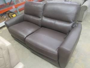 lot 173 image: CREATED FOR MACYs TIMBERLAND FURNITURE, Leather 2-Piece Power Reclining Loveseat in Brown (Missing 1 Power Supply And Male Connecting Wire(s)) Both Pieces Work When Tested independently. Approximate Dimensions 80 x 38 x 35 Tall.