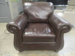 lot 178 image: CREATED FOR MACYs SHANGHAI TRAYTON FURNITURE, Leather Rolled Arm Chair in Brown. Approximate Dimensions 42 x 39 x 33 Tall.
