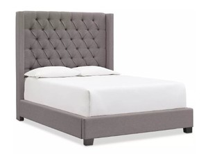 lot 170 image: CREATED FOR MACYs FURNITURE Monroe II Upholstered King Bed Frame in Charcoal, Appears To Be Complete.  Approximate Dimensions 84 x 90 x 68 Tall.