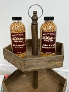 Three Tiered Wooden Serving Tray, Kitchen Linens and Popcorn