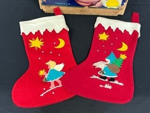 Pair of Wonderful Vintage  Christmas Stockings (Germany) and a Vintage Decorative Santa Themed Crate
