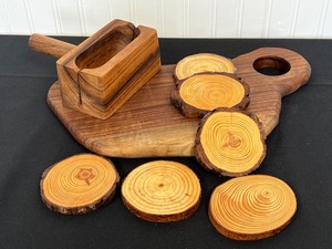 Hand Crafted Cutting Board, Bagel Cutter and a Set of Natural Wood Coasters