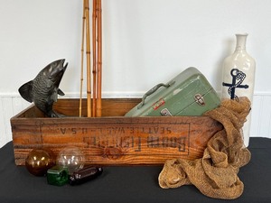 Marine Themed Items including Vintage Booth Fisheries Crate, Metal Vintage Tackle Box, Bamboo Pole & More