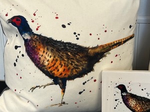 Two Fun Pheasant Motif Pillows and Small Matching Canvas Art