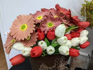 Decorative Faux Floral Arrangements and Metal Buckets