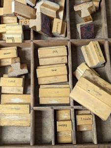 Antique Printer Drawer and Stamps
