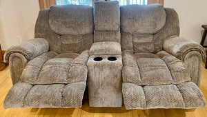 lot 51 image: Comfortable Upholstered Double Reclining Sofa