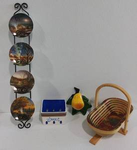 Terry Redlin Decorative Plates & Stand, Ceramic Kitchen Decor, Collapsible Wooden Basket