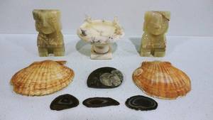 Aztec Mayan Bookends, Aggets, Alabaster Bird Bath with Birds, Shells