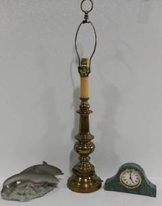 3 Way Brass Table Lamp, Dayton Hudson Co Marble Clock. Dolphin Figurine