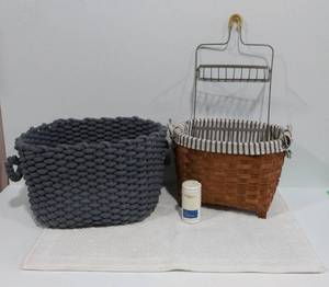 White Bath Rug, Wicker Basket, Shower Curtain Rings, Shower Caddy, Wool Woven Basket