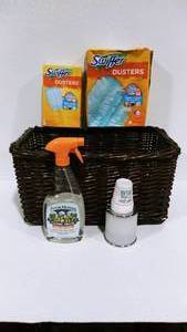 New Swiffer Dusters, Cleaning Vinegar, Drinking CupsDispenser, Wicker Basket