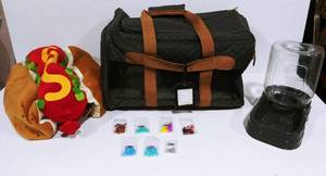 Sherpa Pet Carrier, Gravity Feeder, Pet Nail caps, Animal Hotdog Costume