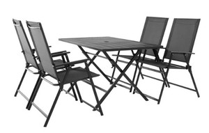 lot 769 image: Mainstays Greyson Square Patio 5 Piece Folding Dining Set, Included 4 Chairs and 1 Table, Black - Table is Scratch and Dented on Top (See Photo).