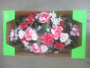 lot 762 image: SILK Pink Peony Headstone Spray, Approximate Dimensions 28 x 16.