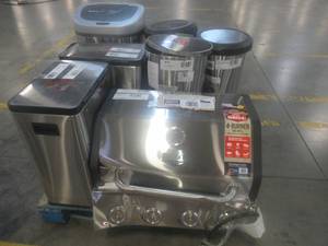 lot 869 image: LARGE PALLET OF CUSTOMER RETURNS FROM A MAJOR RETAILER - Contains Scratch and Dent Stainless Waste Baskets and Dented Incomplete Grill.