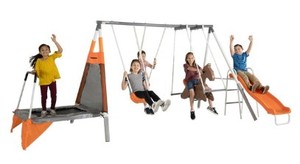 lot 845 image: Sportspower Fairview Swing Set with 2 Swings, Rocking Horse, Mini Trampoline, and Heavy Duty Slide, MS-4530. Manufacture Bound.