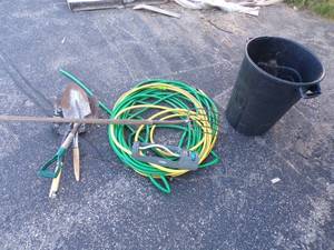 lot 55 image: Garden Tools, Water Hose and Garbage Can
