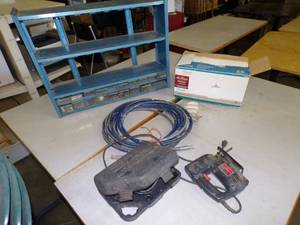 lot 51 image: Jig Saw, Power Stapler, Light, Metal Shelf, Air Hose