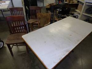 lot 44 image: 3 Tables, Table base, 3 Wood Chairs Vintage Wood Office Chair