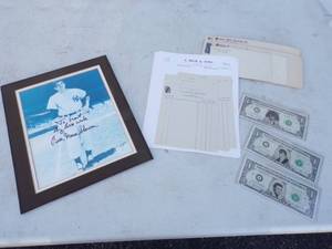 lot 29 image: Real Autographed Yankees Legend Bill Moose Skowron Picture, Vintage A. Beck & Sons, Letterhead and Envelopes, Elvis Dollar Bills