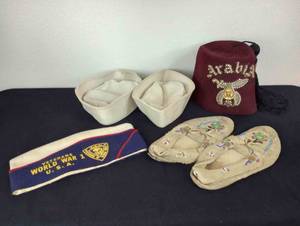 lot 266 image: Vintage Shriners Hat, Beaded Moccasins, US Navy Hats