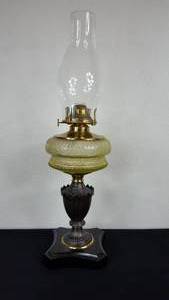 lot 144 image: Antique Kerosene Cast Iron Composite Lamp with Uranium Glass