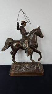 lot 74 image: Antique Spelter Horse with Rider Clock Topper