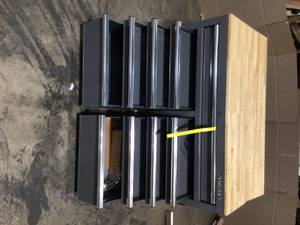 lot 7 image: Husky 46 in. W x 24.5 in. D Standard Duty 9-Drawer Mobile Workbench Tool Chest with Solid Wood Top in Gloss Gray No Keys Damage  Customer Returns See Terms on Auction