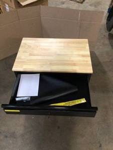 lot 23 image: Husky Extra Wide Heavy Duty Welded 20-Gauge Steel 1-Drawer 2-Door Garage Cabinet in Black (32 in. W x 33 in. H x 21.5 in. D) Customer Returns See Terms on Auction