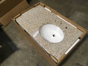 lot 27 image: Home Decorators Collection 37 in. W Granite Vanity Top in Beige with Offset Right Bowl and 8 in. Faucet Spread Customer Returns See Terms on Auction