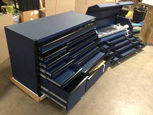 lot 24 image: Husky 56 in. W x 22 in. D Heavy Duty 23-Drawer Combination Rolling Tool Chest and Top Tool Cabinet Set in Matte Blue Customer Returns See Terms on Auction