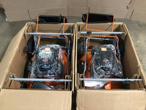 lot 29 image: Lot of 2 YARDMAX 21 in. 170cc 3-in-1 Gas Walk Behind Push Lawn Mower with High Rear Wheels  Customer Returns See Terms on Auction