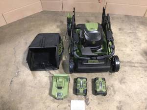 lot 31 image: Green Machine 62V Brushless 22 in. Electric Cordless Battery Self- Propelled Lawn Mower with 2 4.0 Ah Batteries and ChargerCustomer Returns See Terms on Auction