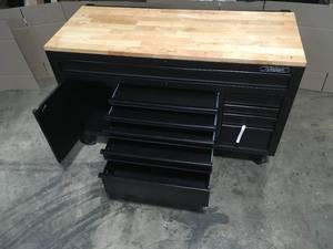 Husky 61 in. W x 26 in. D Heavy Duty 10-Drawer 1-Door Mobile Workbench with Hardwood Top, Pegboard and Shelf in Matte Black Customer Returns See Terms on Auction