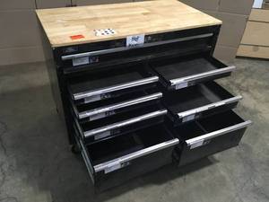 Husky 62 in. W x 36 in. D Standard Duty 12-Drawer Mobile Workbench Tool Chest with Full Length Extension Table in All Black No Keys Customer Returns See Terms on Auction