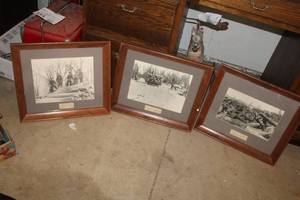 lot 374 image: Lot of (3) Vintage The Decking Crew 1890s, Decking Logs in Northern Wisconsin late 1800s, Log Jam St. Croix Falls 1888 Wood Framed Pictures