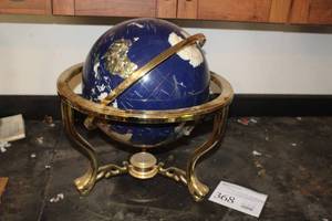 lot 368 image: Precious Stone Inlay World Globe with Gold Tripod Compass Stand