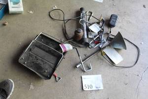 lot 510 image: Hand Tools - Funnel, Oil Cans, Charger, Metal Cart, Flashlight, Hooks (x4)
