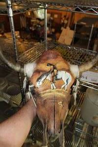 lot 584 image: Bull Skull w Native and Horse Painting